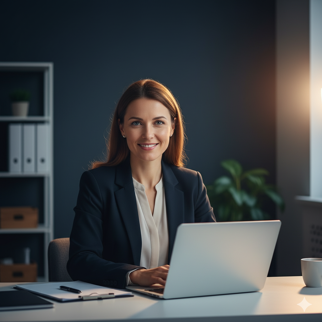Ana en su escritorio contenta